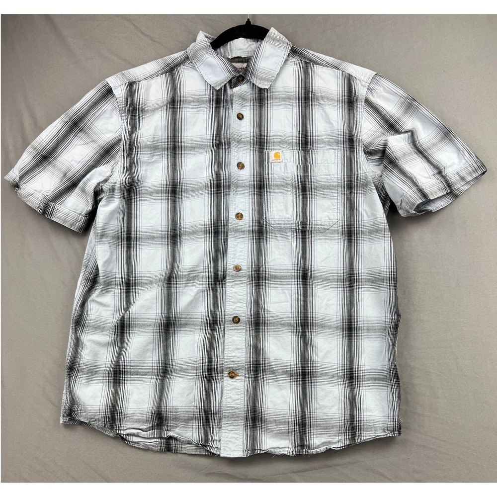 Carhartt Shirt Mens Large Relaxed Fit Plaid Blue Black Short Sleeve 103551 Good